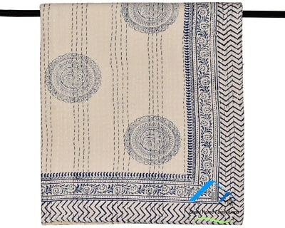 Manta colcha edredón hecha a mano kantha con estampado de bloques de algodón indio King Foto 1 de 4