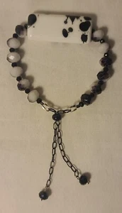 Black & White Cow Beaded with Stainless Steel Chain Bolo Bracelet - Picture 1 of 4