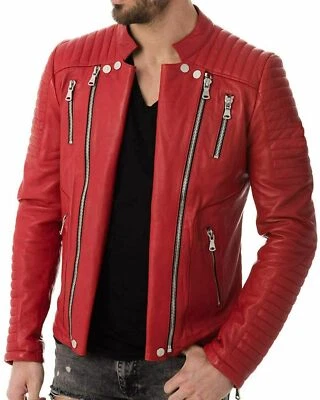 Classic Style Men's Red Motorbike Jacket 100% Genuine Leather Vintage Retro Coat - Image 1 of 4