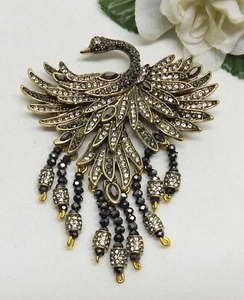 HEIDI DAUS BRONZE TONE, MULTICOLOR CRYSTAL RHINESTONE BLACK SWAN TASSEL BROOCH - Picture 1 of 5