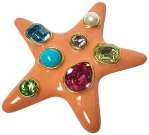 KENNETH JAY LANE, ORANGE ENAMEL BROOCH STAR PIN WITH MULTI SHAPE CRYSTALS, WO... - Picture 1 of 8