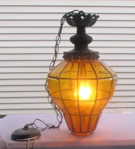 Vintage AMBER Hanging Lamp Light Mid Century Large - Picture 1 of 5