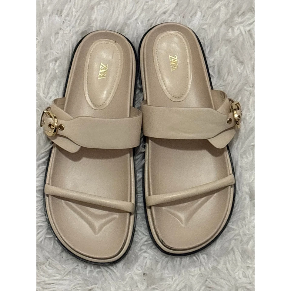 ZARA Women's Beige Buckle Slide Buckle Comfort Sandals Size 38 Minimalist - Image 1 of 3
