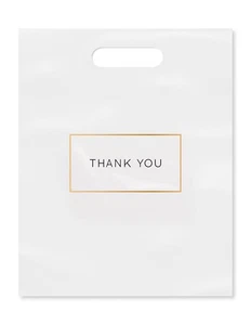 Purple Q Crafts Die Cut Plastic Shopping Bags with Thank You Logo 12" x White  - Picture 1 of 3