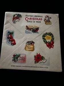 Etiquetas y sellos de regalo de Navidad vintage nuevo stock antiguo 1944 Happee Merree sellado - Imagen 1 de 6