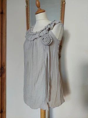 Beautiful New Look Grey Stone Colour Corsage Top, Pearl, Diamante Frill Size 6 - Image 1 of 4