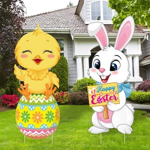 2 Pack Easter Yard Signs Cute Bunnies Chick Outdoor Lawn Decorations Easter E... - Picture 1 of 7