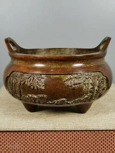 4.2'' Chinese Brass incense burner Pot Old Bronze censer Pine Bamboo - Picture 1 of 9
