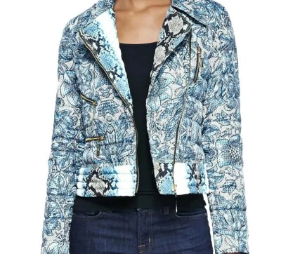 Abrigo acolchado Roberto Cavalli azul plumón bombardero MOTO chaqueta corta IT42 S US4 Foto 1 de 4