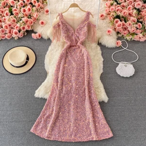 Women Long Sequin Dresses Fishtail Mermaid Bead Tassel Sleeve Wedding Party - Picture 1 of 18