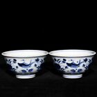 3.7"Antique dynasty Porcelain chenghua mark pair Blue white Lotus fish algae cup