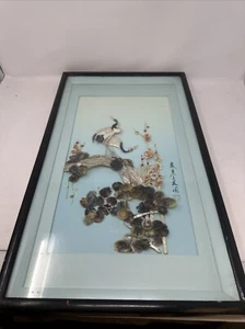 JAPANESE ART PICTURE PAINTING MOTHET OF PEARL DECOR CRANES PINES FRAMED 24”x14” - Picture 1 of 12