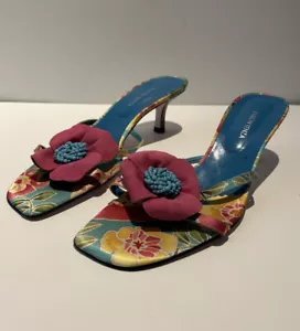 Ramón Tenza Colorful Floral Large Flower Kitten Heels Slide Sandals - Picture 1 of 6