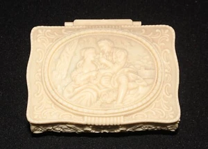 Vintage Elfenbein Kunststoff Schmuckschatulle mit Fuß geschnitzter Look Spiegel Klappdeckel 4 1/2” x 3 1/4” - Bild 1 von 11