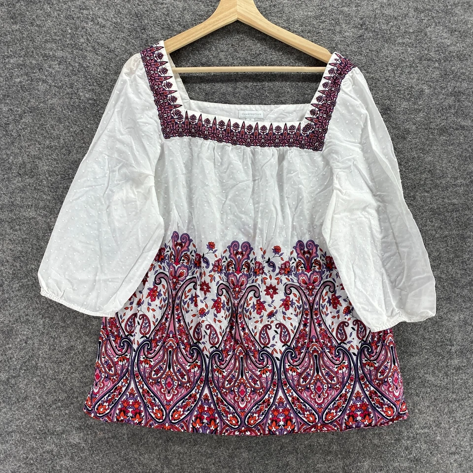 Charter Club Blouse Women 16 Plus White Paisley Square Neck 3/4 Sleeve Cotton - Image 1 of 4