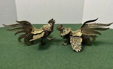 Vintage Mid Century Brass Game Cocks Fighting Roosters Chickens Birds - Japan