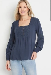 Maurices Navy Blue Navy Lace Square Neck Long Sleeve Peasant Top Women's Size L - Picture 1 of 8