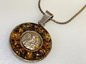 Vintage Sterling Silver Pendant Necklace 925 Amber Stone Holly Mother Jesus - Picture 1 of 7