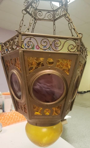 RARE ANTIQUE 19TH CENTURY HEXAGONAL SPANISH REVIVAL WROUGHT IRON CEILING LANTERN Cover