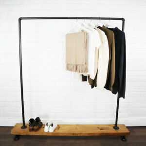 Industrial Free Standing Clothing Rail On Wooden Base, Raw Steel Pipe Rustic!