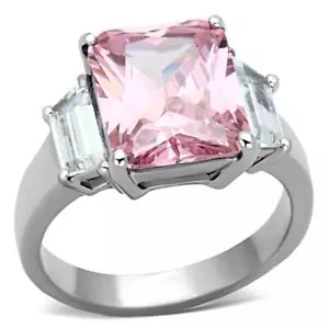 Anello cocktail grande acciaio inox zirconi baguette radianti rettangolari rosa rosa - Foto 1 di 4