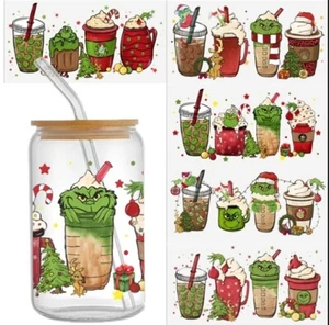 5 Piece Cup Wrap, Transfer Stickers for Glass Uv DTF Christmas Green Santa - Picture 1 of 3