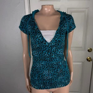 Vintage y2K Energie Women's Top M Shirt Cotton Animal Print Hooded Tie Y4-7 - Picture 1 of 5