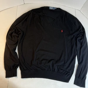 Ralph Lauren Herren 2XL Pullover Preppy Pony schwarz Pima Baumwolle V-Ausschnitt Pulli gebraucht, in einwandfreiem Zustand - Bild 1 von 12