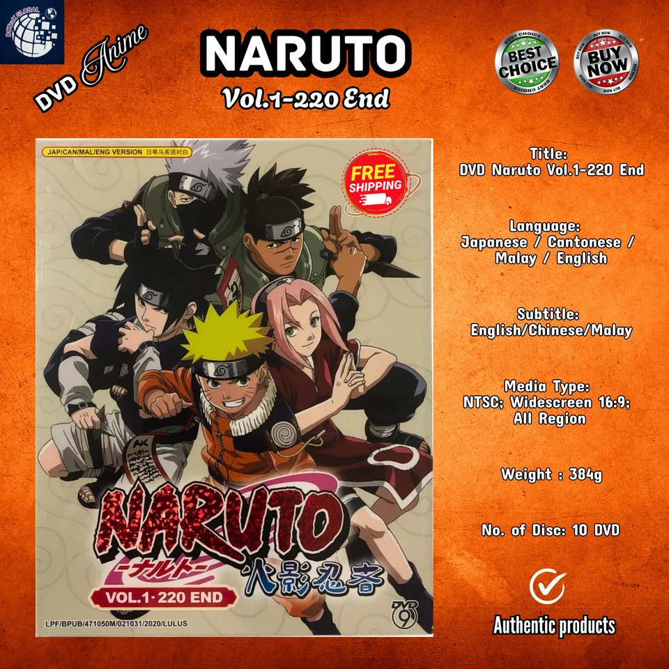 NARUTO VOL.1–220 END COMPLETE ANIME DVD | ENGLISH SUBSTITLE | US FREE SHIPPING - Image 1 of 4