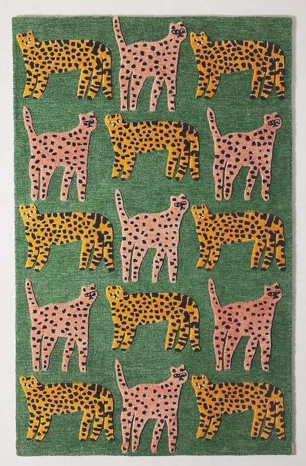 Off-Green Cat Motif Rug, 5x8 Handmade Wool Carpet | Living Room, Bedroom, Office - Image 1 of 2