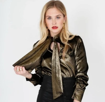 NUEVO CON ETIQUETAS MARCO Blusa Metálica Dorada Lamé Cuello Atado Cóctel Vacaciones Terciopelo Mujer XL Foto 1 de 4