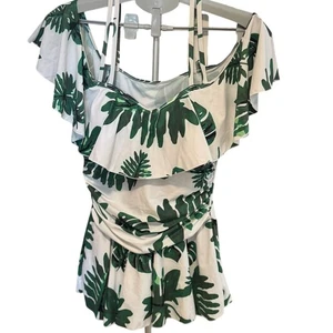 Costume da bagno COCOPEAR spalle scoperte medio bianco verde stampa foglia gonna pezzo unico nuovo con etichette - Foto 1 di 5