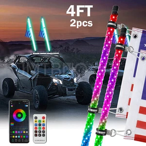 Pair 4ft RGB Spiral LED Whip Light Antenna w/Flag for UTV ATV Polaris RZR Can Am - Picture 1 of 15