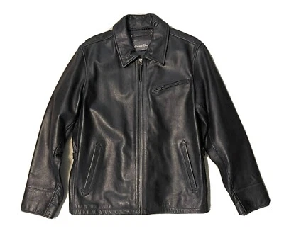 Chaqueta de cuero EDDIE BAUER negra envejecida con cremallera completa para hombre talla Lg Foto 1 de 4