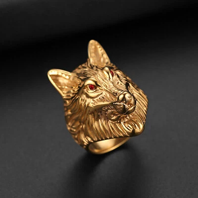 Mens Gold Plated Stainless Steel Lion Head of Judah Wedding Ring Red Rhinestone - Image 1 of 4