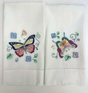 Vintage White Cotton Colorful Springtime Butterflies Embroidered Tea Towels - Picture 1 of 12