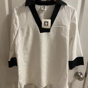 Anne Klein Womens B/W Linen Tunic Top V Neck Size Small - Picture 1 of 11