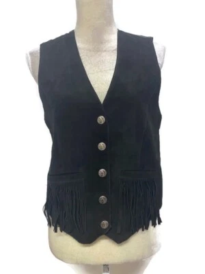 Vtg Festival Vest Scully Black Suede Leather Fringe Rock Rebel Biker Core Size 8 - Image 1 of 4