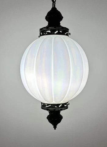 Vintage 60s Art Deco Swag Hanging Light Fixture Opal Pearl Glass Globe Lamp Cover