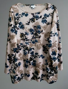 J. Jill Purejill White w/ Blue Brown Velvet Long Sleeve Top Pockets Petite Sz XL - Picture 1 of 11