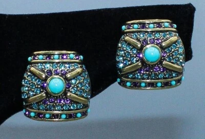 5874 ~ Винтажный Sgnd HEIDI DAUS серебристый бирюзовый бусина со стразами зажим назад серьги - Изображение 1 из 2