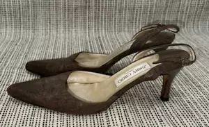 JIMMY CHOO BROWN SHIMMERING CANVAS POINTY TOE HIGH HEEL SLINGBACK PUMPS Sz 39M - Picture 1 of 13