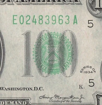 1934 Richmond One Hundred Dollar Bill E02483963A K1 Back Plate 83 UNC - Image 1 of 4