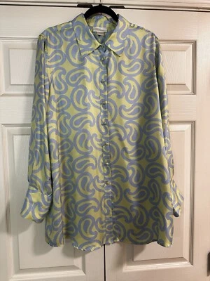 Soft Surroundings 100% seda grande botão para cima estampa paisley verde amarelo - Imagem 1 de 4