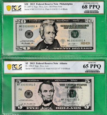 $20 & $5  MATCHING NEAR SOLID Serial  33333351  Federal Reserve  TWO NOTES  PCGS - Image 1 of 3