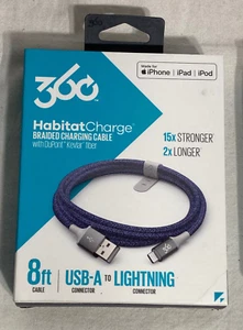 360 USB-A to Lighting Charge & Sync Braided  fiber Cable  8 ft.  Navy Blue - Picture 1 of 6