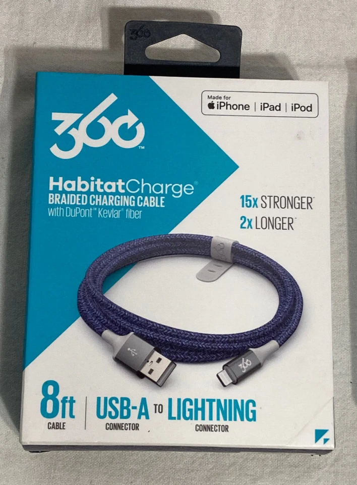360 USB-A to Lighting Charge & Sync Braided  fiber Cable  8 ft.  Navy Blue - Image 1 of 4