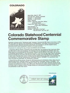 #7706 13c Colorado Statehood Stamp #1711 Souvenir Page - Picture 1 of 1