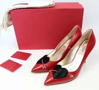 New VALENTINO GARAVANI LOVE Beaded Heart Pump, Red Leather, EUR 37, MSRP $1045 - Image 1 of 4