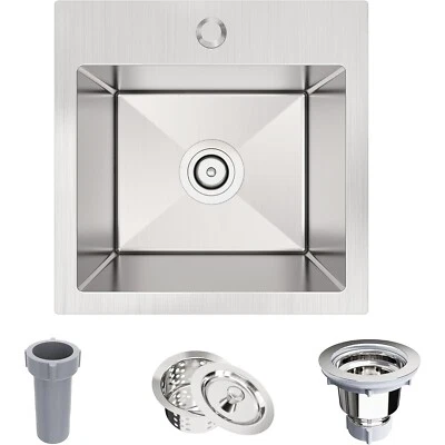 KOXKING 15 x 15 x 9 inch Drop-in Kitchen Bar Sink Single Bowl Top-Mount Stainless Steel